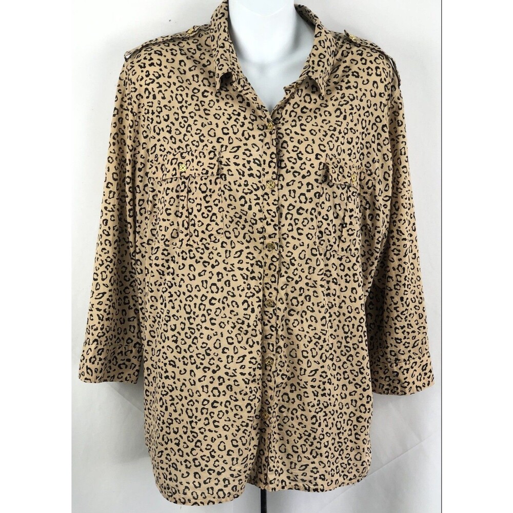 Vintage Top 2XL Tan Leopard ButtonUp 3/4 RollTab Collar Pocket glam retro y2k 90